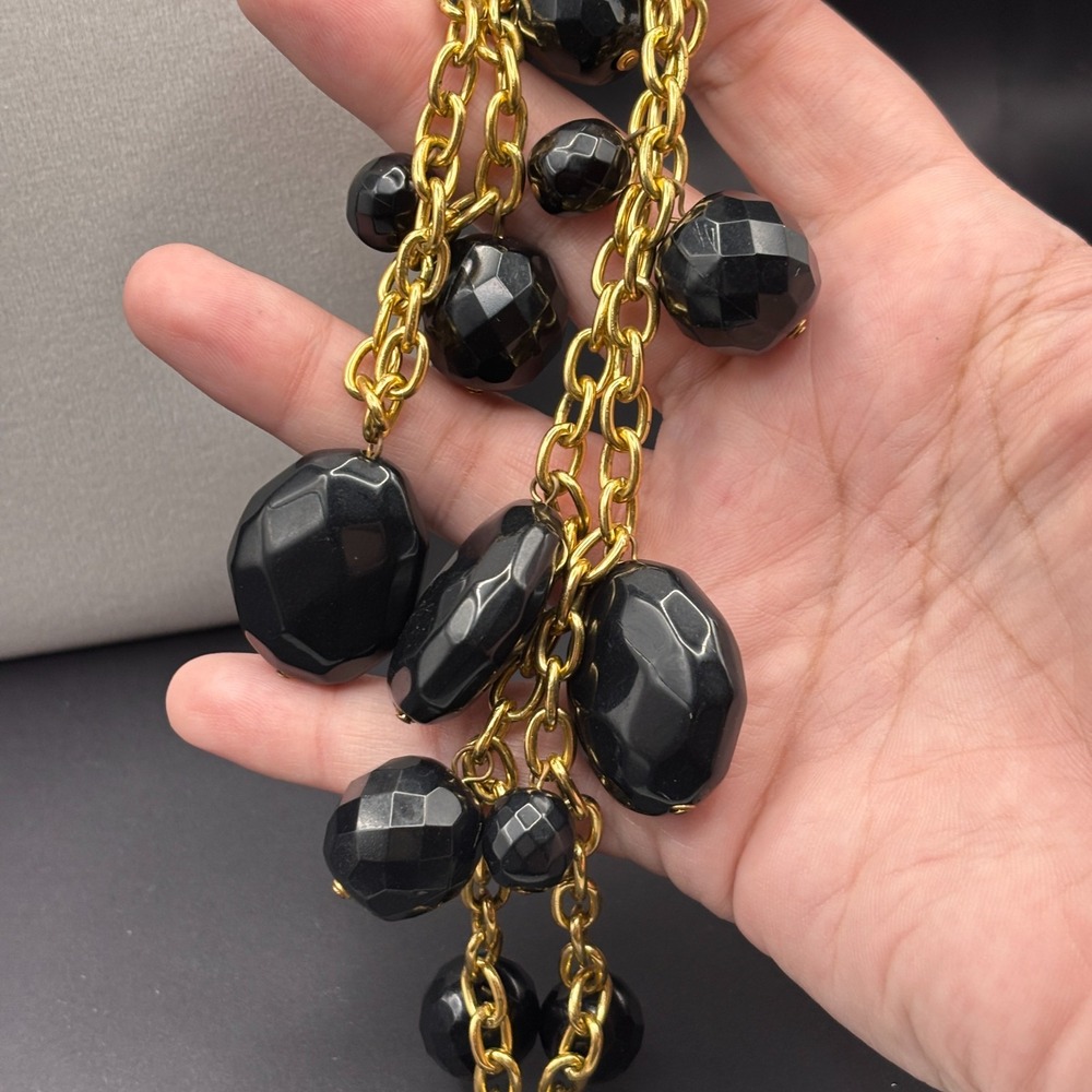 Vintage Gold Tone Chain Black Faceted Bead Statement Necklace Over The Head Y2K - Picture 8 of 9